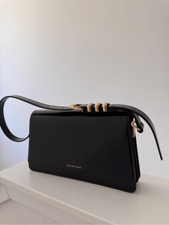 Dylan Kain Black Patent Leather Shoulder Bag Gold Hardware Structured Handbag